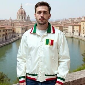 Vintage 1980s Art-Flo Italian Nylon Bomber Jacket White Red Green Size Large